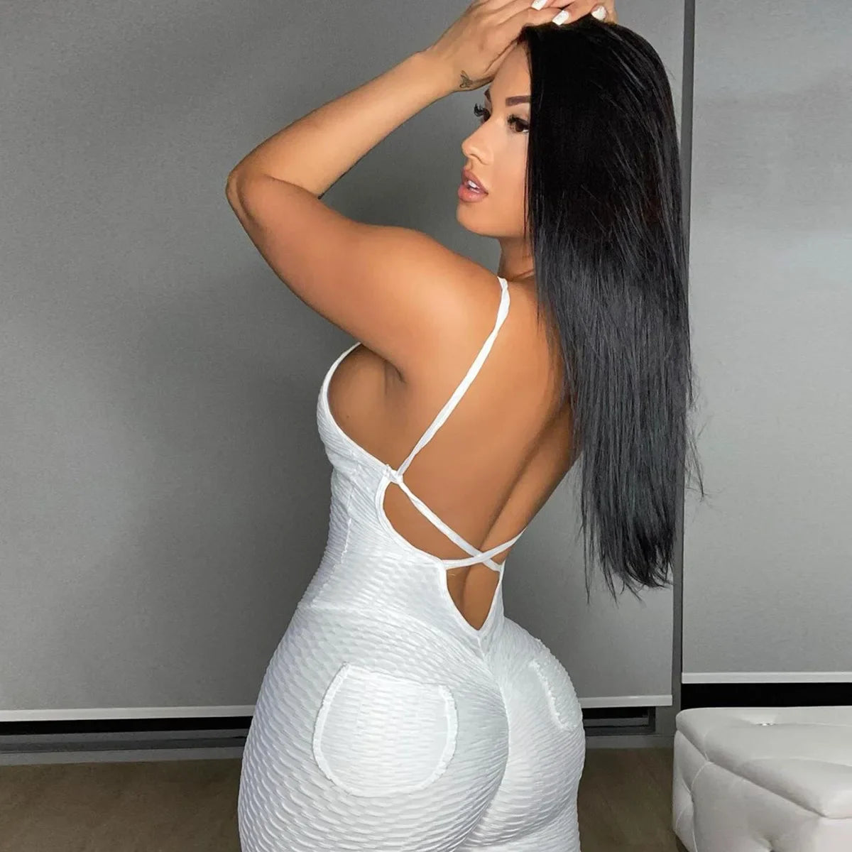 Women Siamese Fitness Jumpsuits Sport Gym Suit Workout Clothes Female Yoga Set Tracksuit Sexy Backless Running Sportswear WHITE
