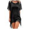 Summer Chiffon Tassels Beach Dress Swimwear Bikini Cover Up Female Mini Loose Solid Pareo Tops Swimsuit Black One Size