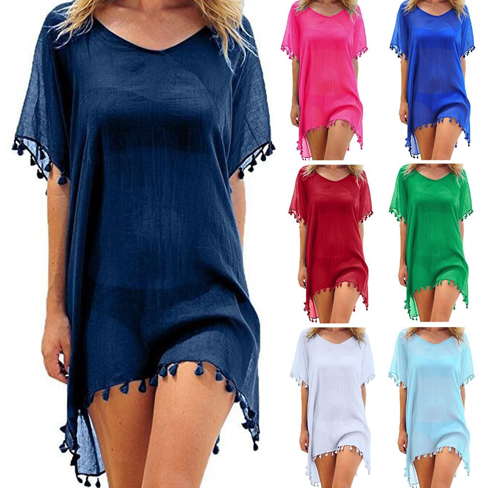 Summer Chiffon Tassels Beach Dress Swimwear Bikini Cover Up Female Mini Loose Solid Pareo Tops Swimsuit