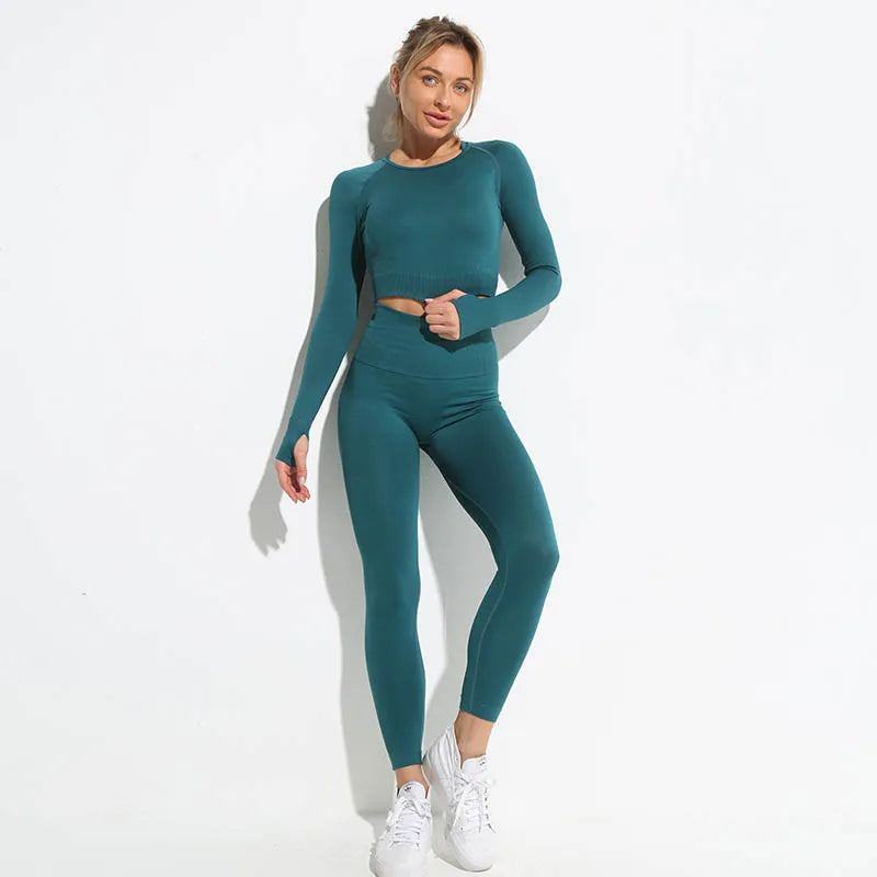 2pcs seamless hyperflex workout sport outfits for women sportswear athletic clothes gym Long Sleeve Crop Top High Waist Leggings Shirts Pants Green