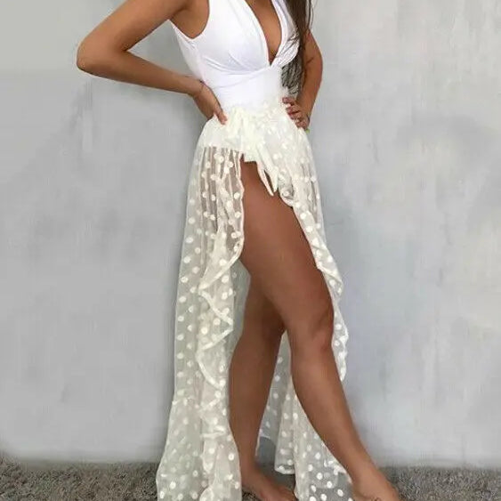 2021 New Hot Summer Women's Mesh Sheer Polka Dot Long Split Skirts Sexy Beach Sunscreen Bikini Cover Up Wrap Skirt
