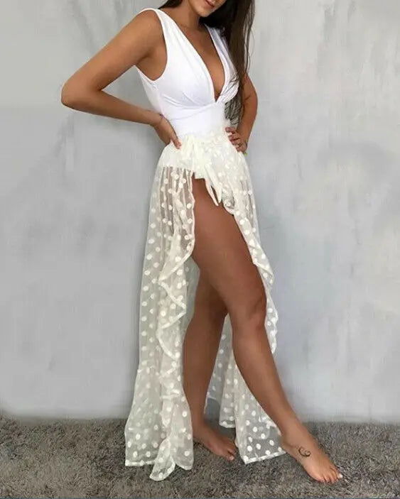 2021 New Hot Summer Women's Mesh Sheer Polka Dot Long Split Skirts Sexy Beach Sunscreen Bikini Cover Up Wrap Skirt