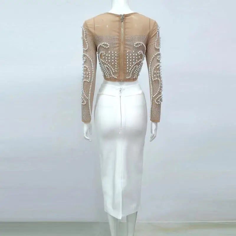 Women Autumn Sexy Diamonds Beading Mesh Crystal Long Sleeve Two Pieces Rayon Bandage Sets Ladies White Designer High Street Sets