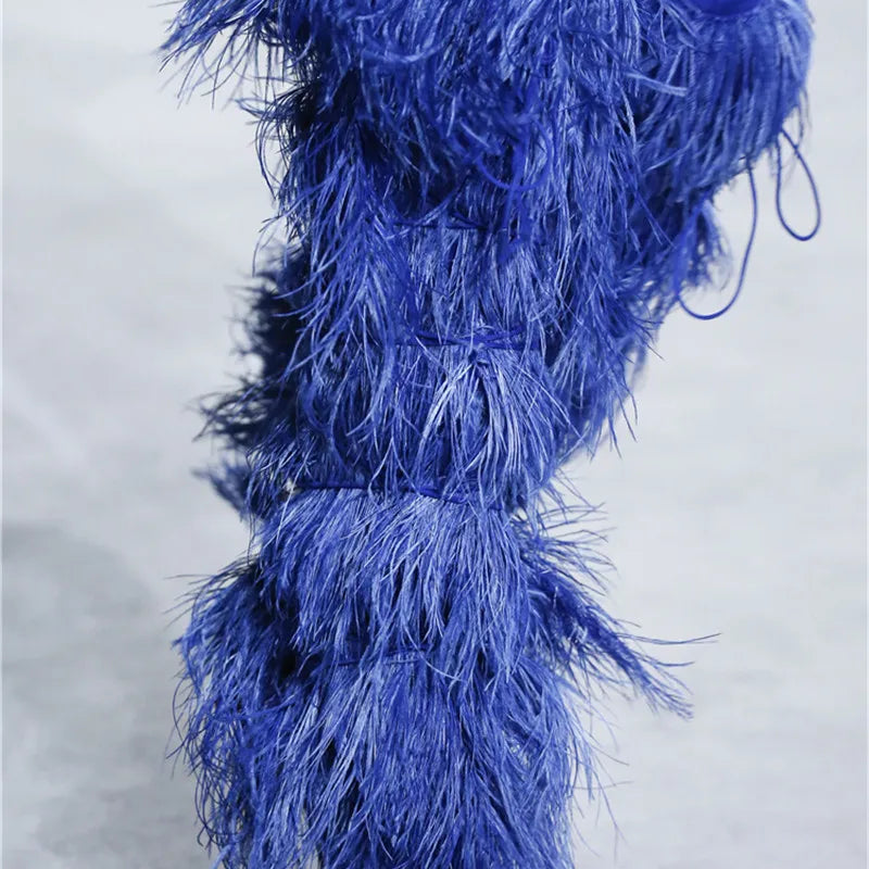 Feather Women's High Boots Suede Cross-tied Pointed Toe Party High Heel Shoes Sexy Ostrich Feather Women's Over The Knee Boots Blue