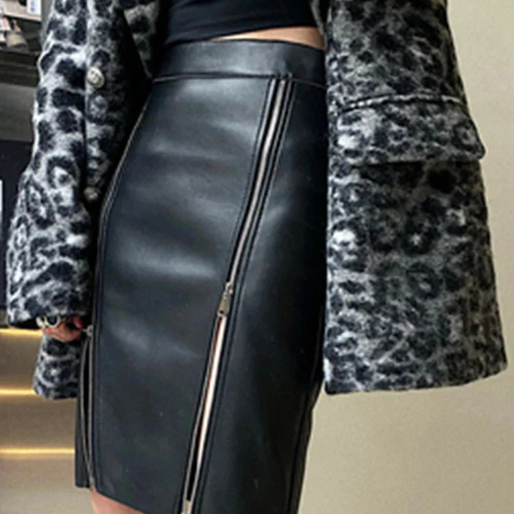 Lautaro Autumn Soft Black Pu Leather Midi Skirt Women with Double Slit Zipper High Waist Korean Style Fashion 2021 Streetwear