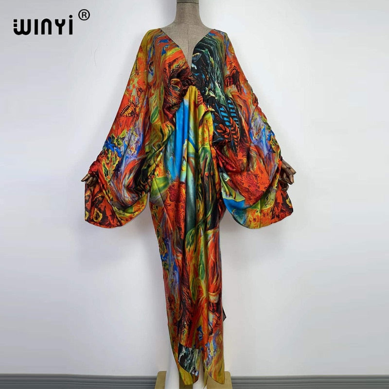 Sexy bech high-quality hand-rolled feel silk rayon fashion print 2024 WINYI Maxi Women's robes long beach V-neck Bohemian dress 11 One Size