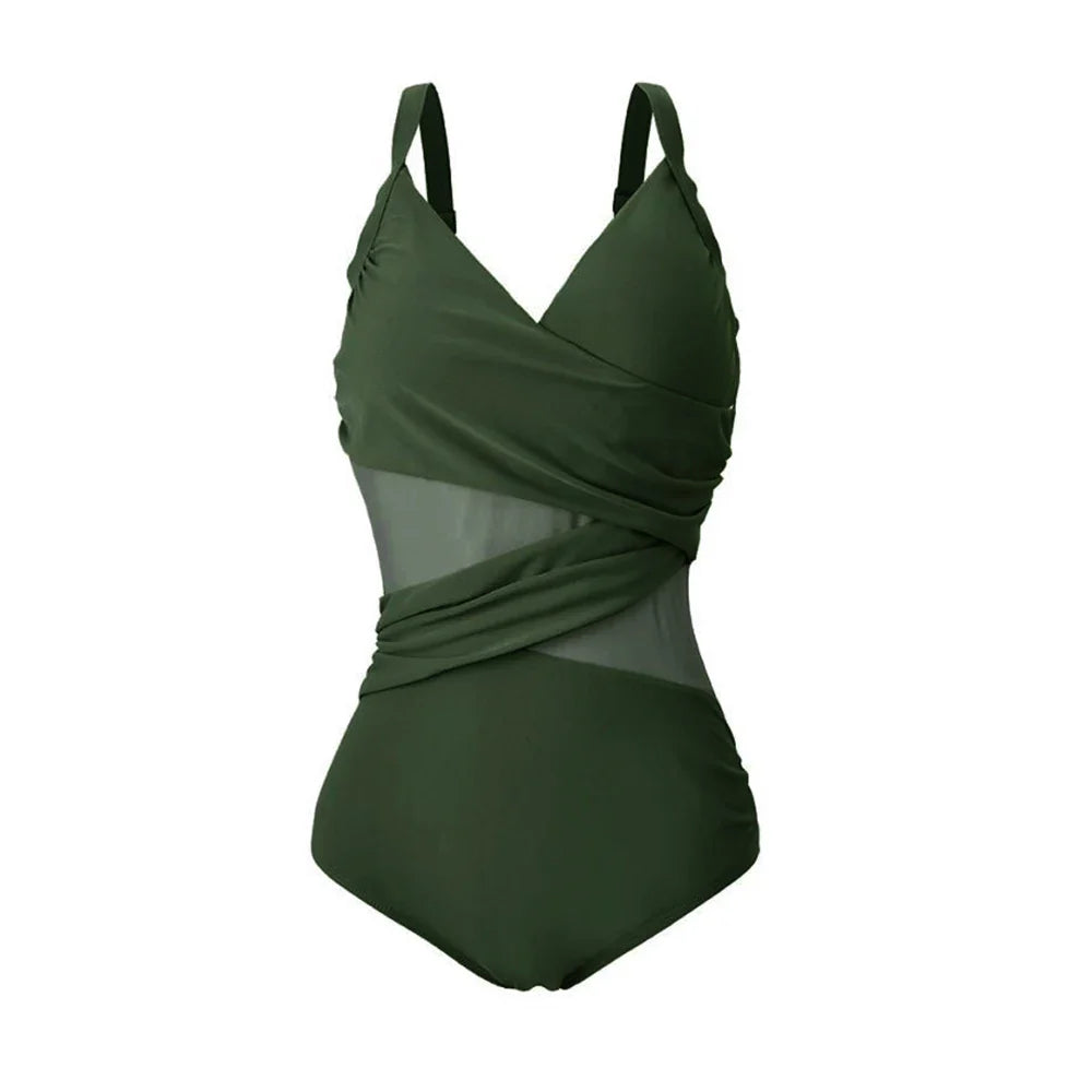 Plus Size Swimwear Women New Sexy Mesh One Piece Swimsuit Female Large Size Bathing Suit Summer Beachwear Swimming Suit 4XL army green