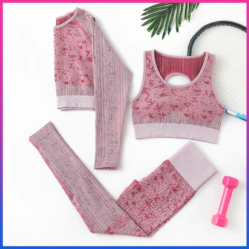 Rid Seamless Yoga Set Women 2pcs Two Piece Long Sleeve Crop Top T-Shirt Leggings Outfit Clothes Gym Wear Fitness Suit Sport Sets 3pcs Red Set