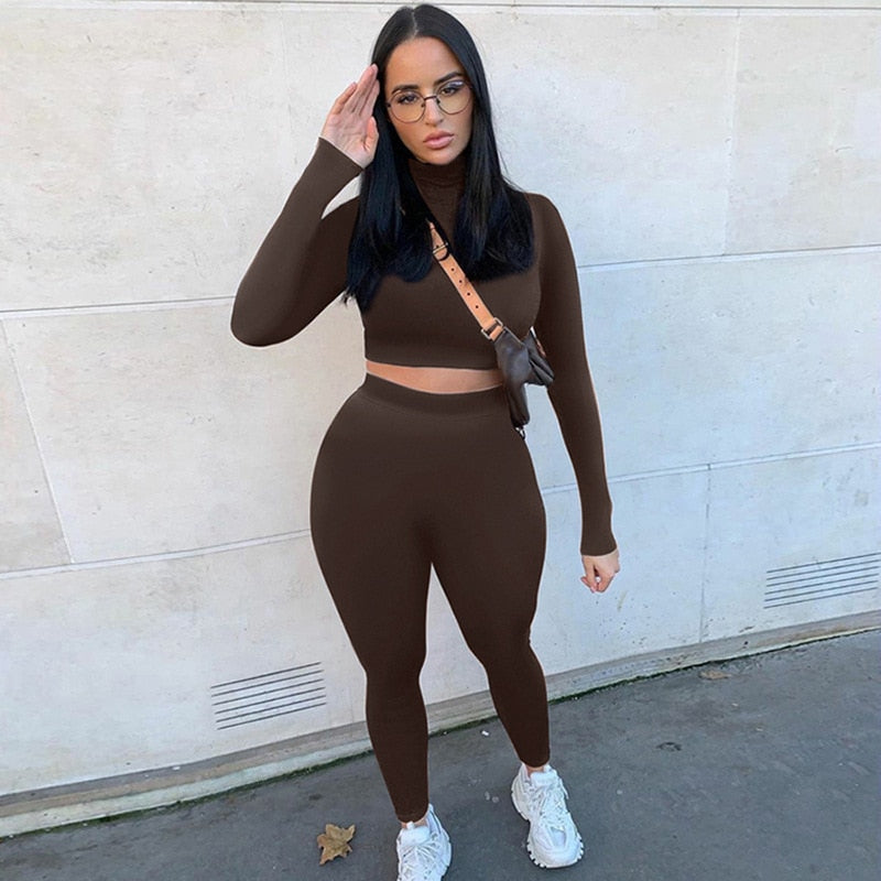 Two Piece Sets Women Solid Autumn Tracksuits High Waist Stretchy Sportswear Hot Crop Tops And Leggings Matching Outfits Auburn