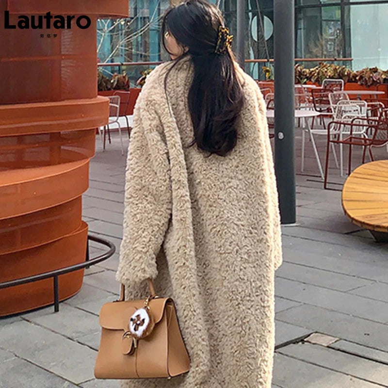Winter Long Oversized Shaggy Fuzzy Warm Thick Fluffy Faux Fur Coat Women Sashes Lapel Stylish Luxury Korean Fashion 2021