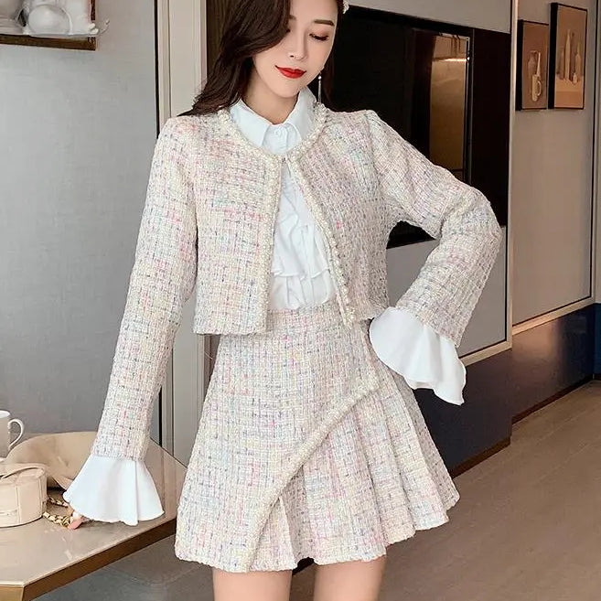 Women Autumn Winter 3 Piece Sets Lady Fashion Elegant Slim Coat Skirt Shirt Three-piece Suit Tweed Sets apricot 3 Piece Set