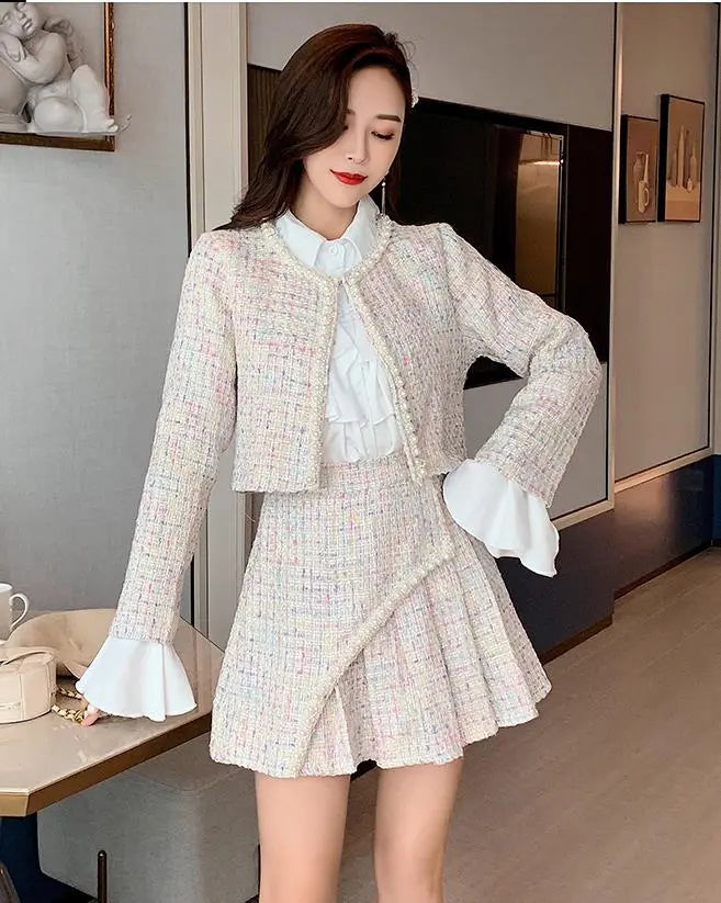 Women Autumn Winter 3 Piece Sets Lady Fashion Elegant Slim Coat Skirt Shirt Three-piece Suit Tweed Sets apricot 3 Piece Set