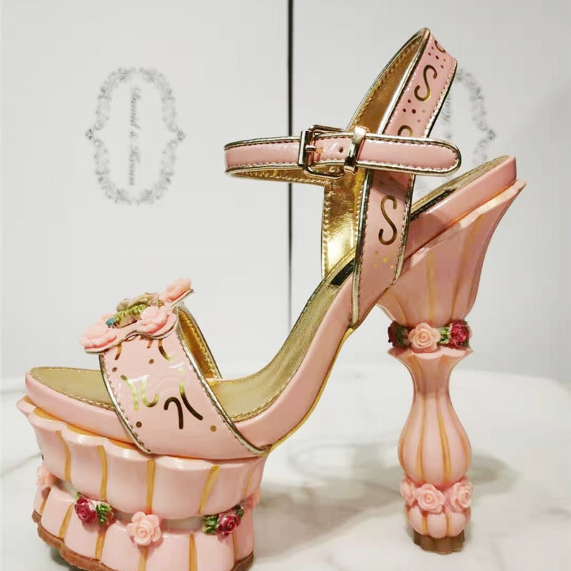 Print Flower High Platform Sandals Women Ankle Strap Sweet Pink Banquet Shoes Woman Rose Decor Strange Heel Summer Sandalias Pink