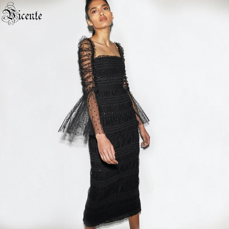 Dress Women Polka Dot Draped Mesh Sequined Mesh Long-sleeved Square Neck Halter Black Mid-length Bandage Midi Dress Gown