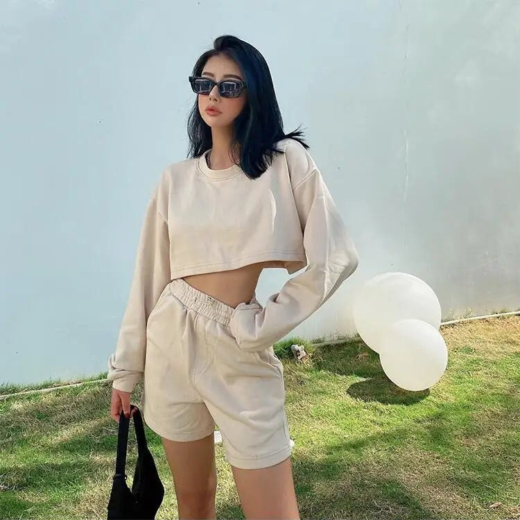 Womens Casual Tracksuits 2 Piece Set Spring Crop Sweatshirt + Sporting Shorts Sweat Set Ladies Two Piece Outfit Solid Color Suit beige 2 piece set