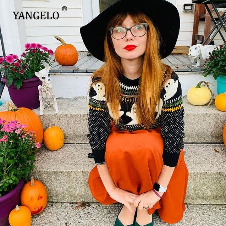 Yangelo Y2k Sweaters Women Halloween's Clothes Gothic Ghost Knitted Pullover for Autumn Winter Purple Streetwear Girl's Top