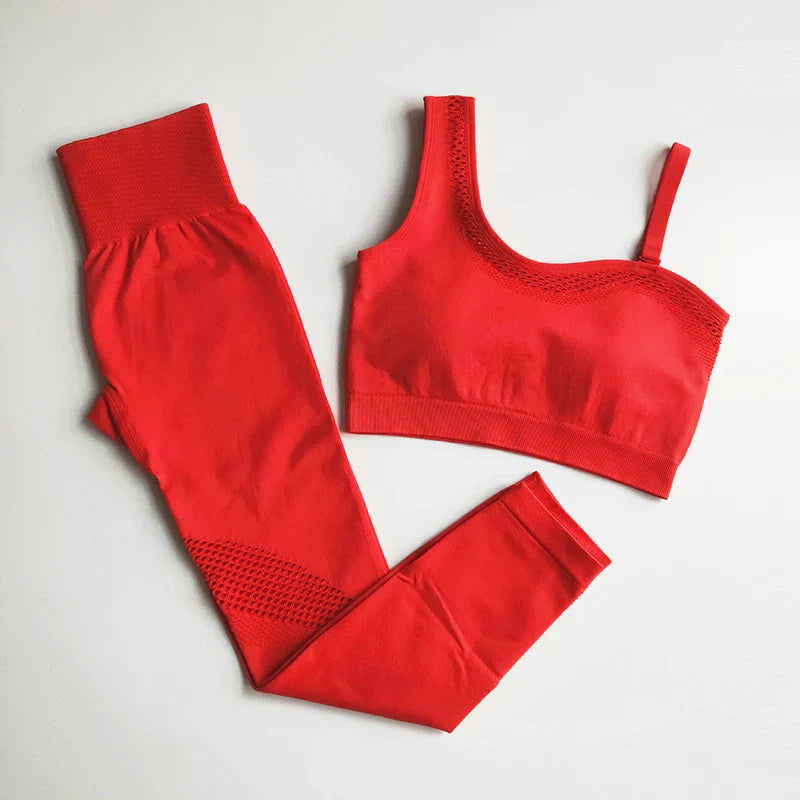 Seamless Yoga Set Sport Outfits Women 2pcs Two Piece Hollow Long Sleeve Crop top Leggings Workout Wear Gym Suit Fitness Sets Red Set 2