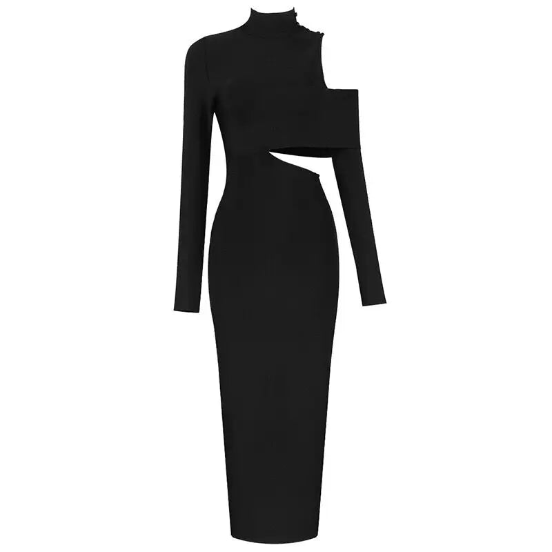 Women's New Slim Elegant Wrap Long Sleeve Hollow Out Sexy Casual High Split High Street Party Club Mid-Calf Dress black