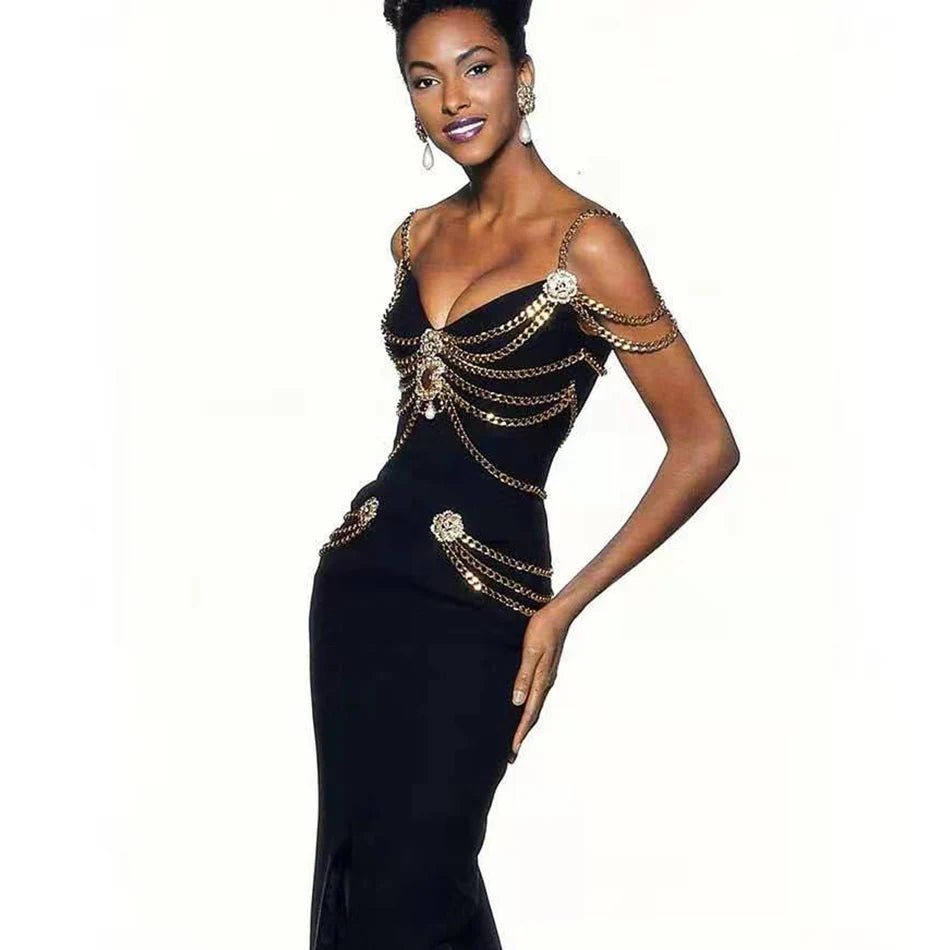 New Black White Chain Spaghetti Strap V-Neck Split Bandage Dress Bodycon Celebrity Club Party Long Dress Vestidos