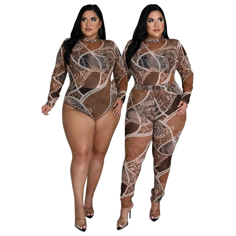 Sexy Outfits Women Plus Size Clothing Long Sleeve Bodysuit and Pants Clubwear Transparent Mesh Party Two Piece Set Dropshipping black