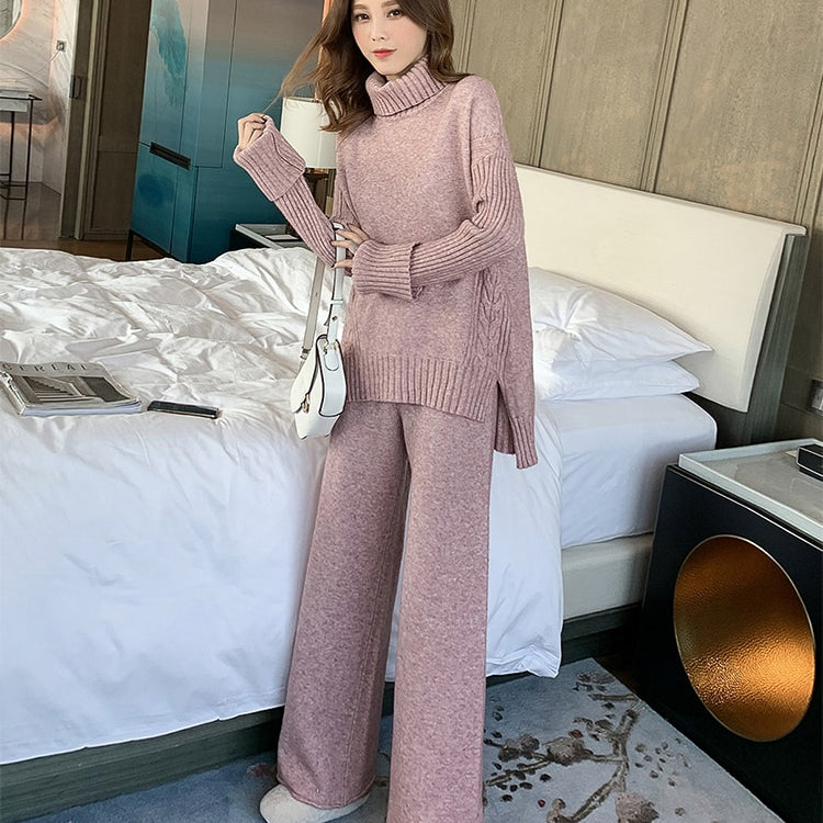 Sweater Set Women Tracksuit Spring Autumn Knitted Suits 2 Piece Set Warm Turtleneck Sweater Pullovers Wide Legs Pants Pink purple