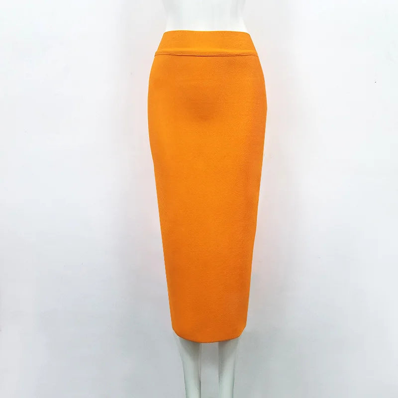 Women Candy Color Sexy Neon Green Brown Orange Yellow Knee Length Bandage Pencil Skirt 2020 Designer Skirt Faldas 78cm Orange