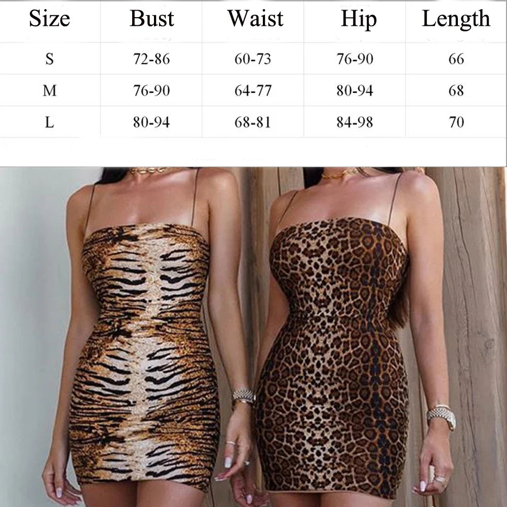Combhasaki Women Sexy Bodycon Spaghetti Strap Sleeveless Beach Dress Leopard/ Tiger Pattern Print Short Mini Dress