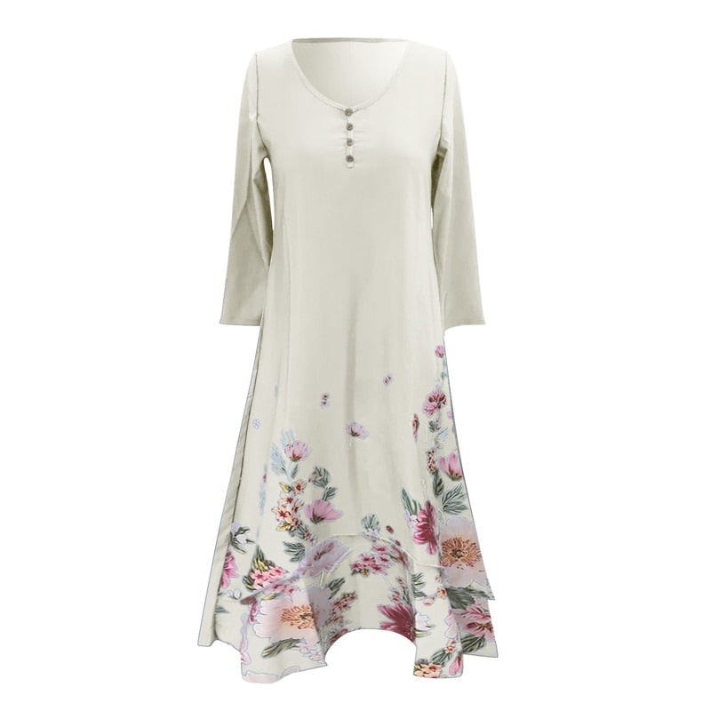 Robe d'été à manches longues pour femmes, imprimé Floral, col rond, boutons, ourlet irrégulier, Maxi, ample, grande taille, tenue de soirée