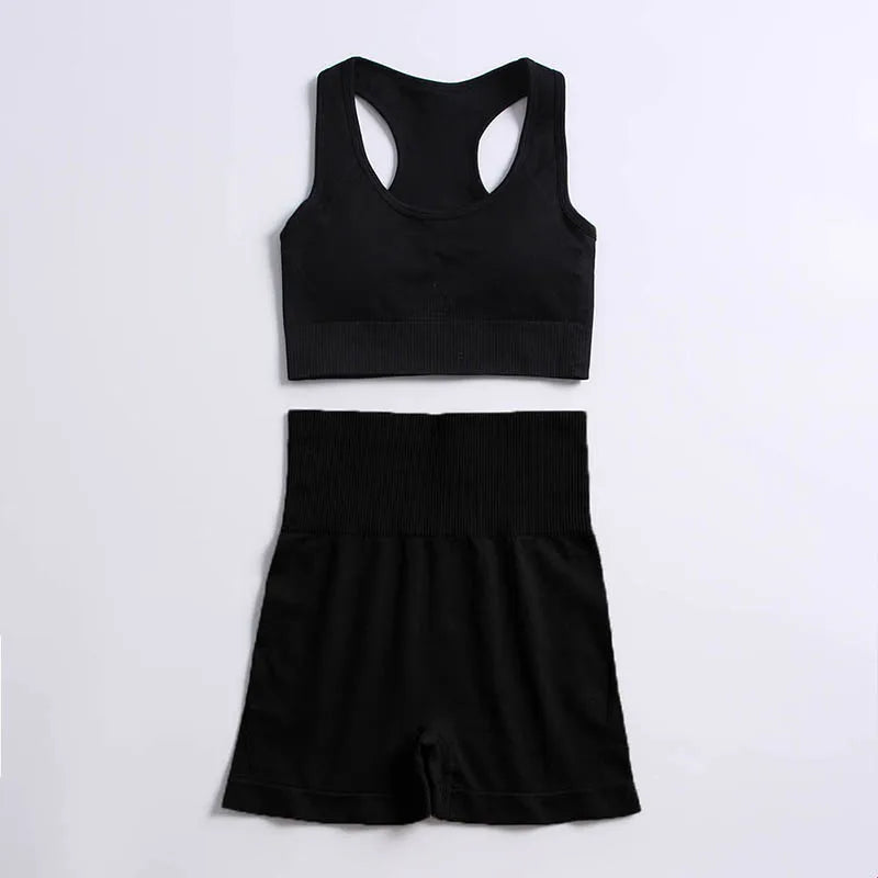 2pcs seamless hyperflex workout sport outfits for women sportswear athletic clothes gym Long Sleeve Crop Top High Waist Leggings Bra shorts Black