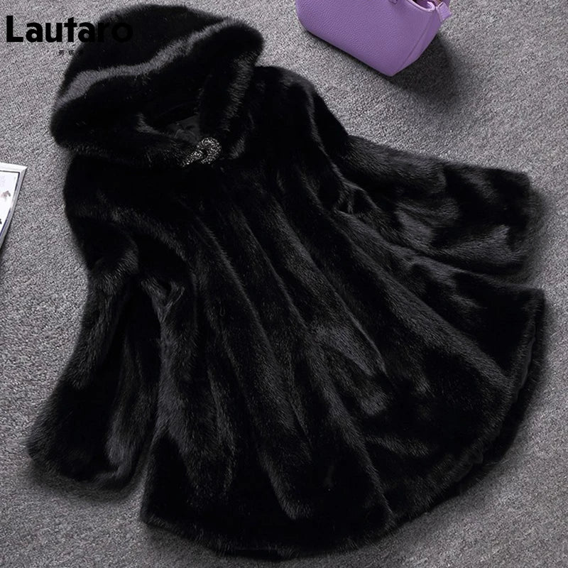 Winter Black Warm Thick Hairy Soft Faux Mink Fur Coat Women with Hood Elegant Luxury Fluffy Jacket 2022 4xl 5xl 6xl 7xl
