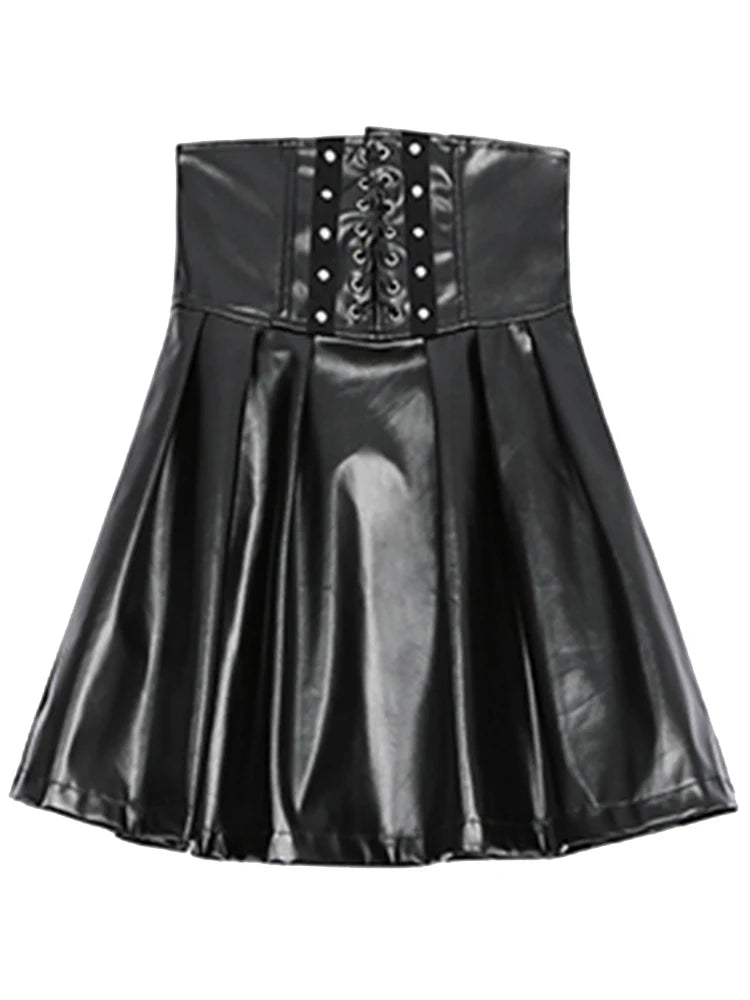 Lautaro Spring Autumn Black Soft Pu Leather Pleated Skirt Women High Waist Goth Vintage Punk Style Luxury Designer Clothes 2025