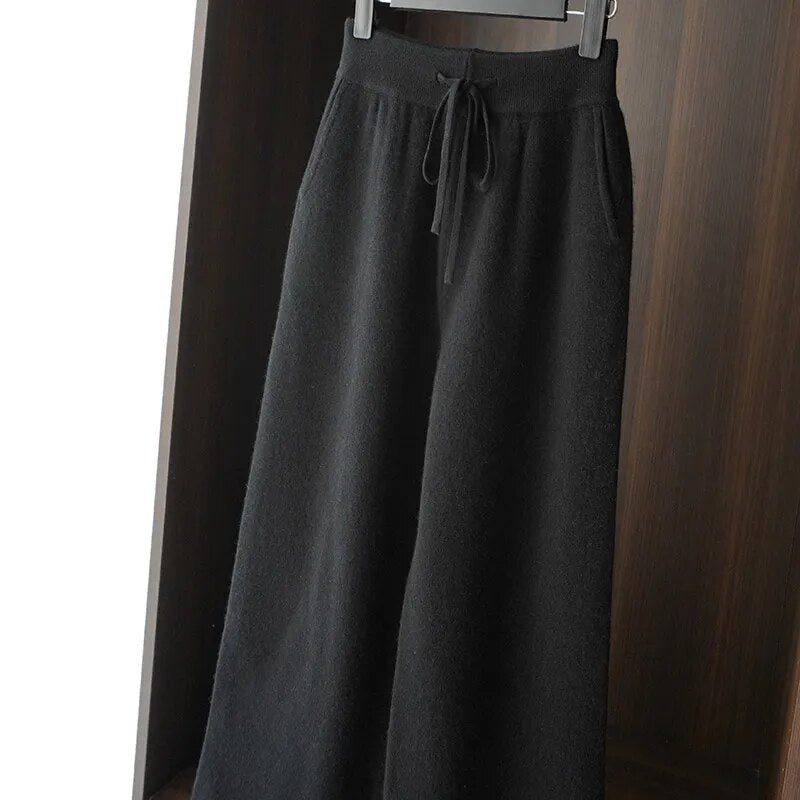 Women Pants 100% Australian Wool Knitted Wide Leg Pant 2021 Winter New Fashion Warm Long Trousers Pure Woolen Female Leggings Black
