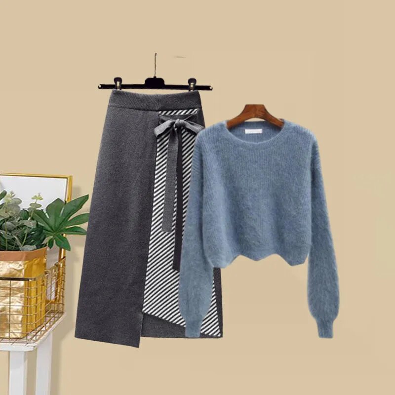 Women Autumn Winter Warm Knitted Two Pieces Sets Korean Long Sleeve Pullover Sweater Top And High Waist Skirts Sets