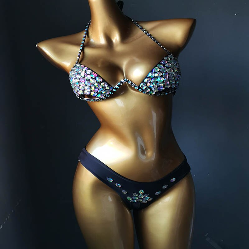 Push Up Rhinestone Bikini Luxury Crystal Diamond Women Swimwear Hollow Out Swimwsuit Manual Customized Bathing Suit