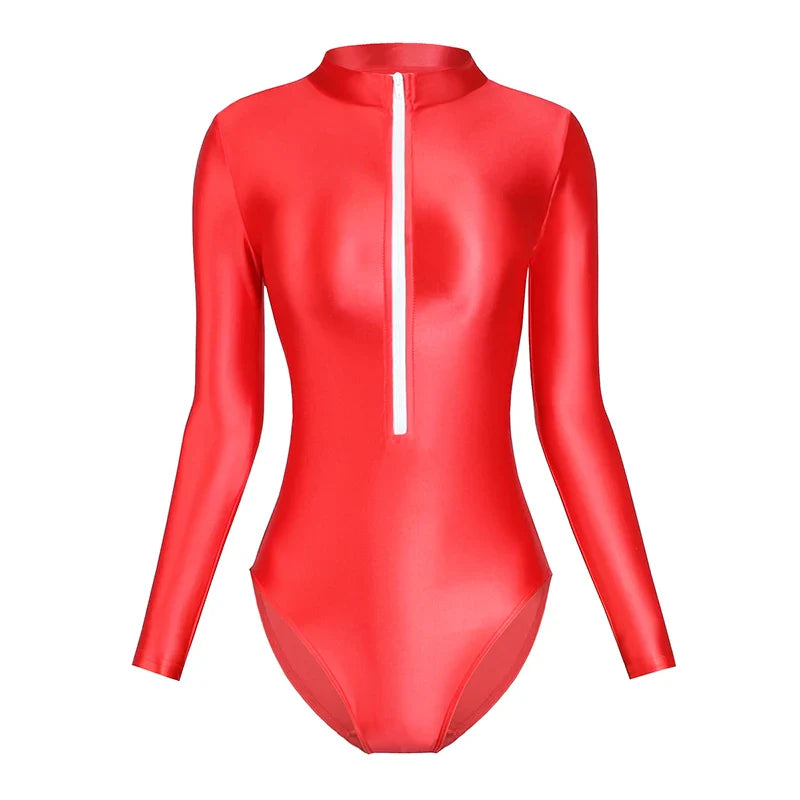 Satin Shiny Japanese Women's Sexy Body Suits Front Zipper Long Sleeve Tight Glossy Silky High Cut One Piece Swimsuit Plus Size Red