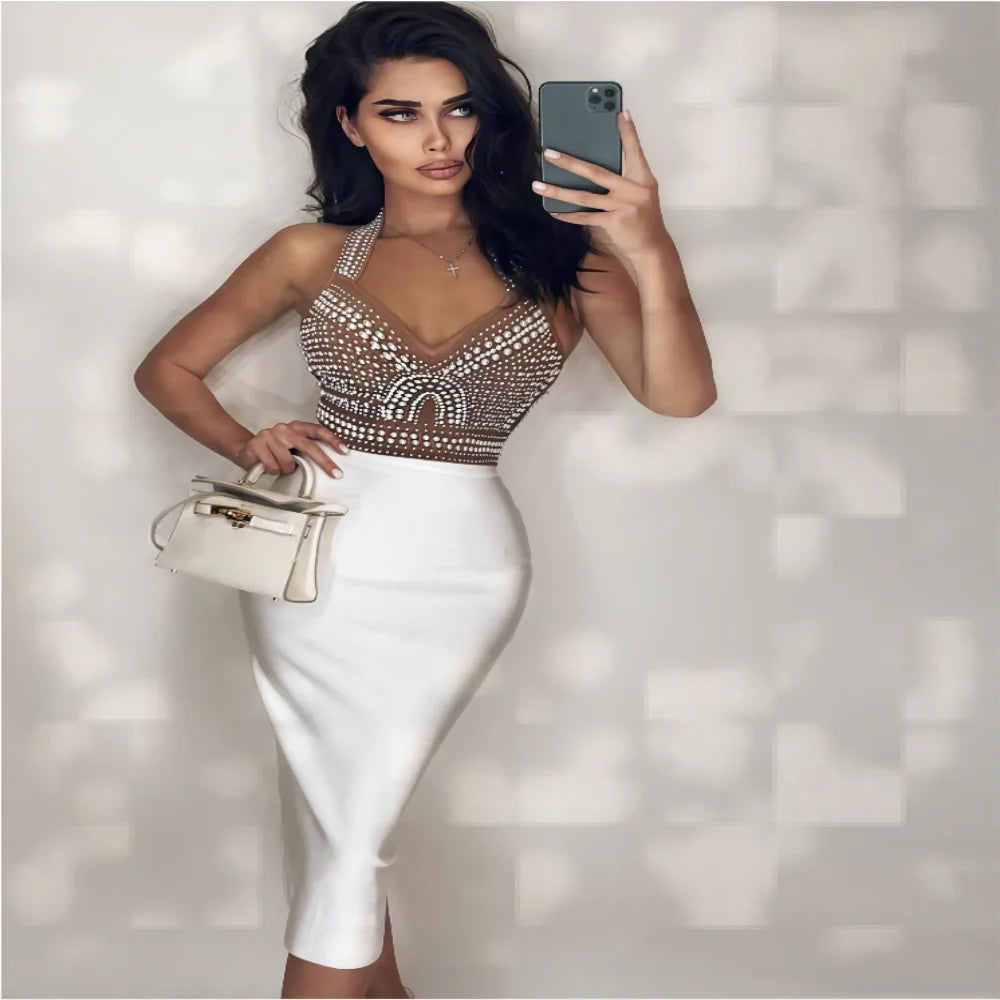 Top Quality High Street White Black Sexy Off Shoulder Sleeveless Beading Shining Knee Length Bandage Dress 2021 Celebrity Party Khaki