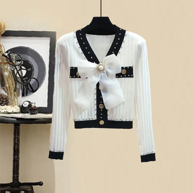 Women Autumn Winter Vintage fragrant Knitted Two Pieces Sets Korean Long Sleeve Knit Cardigan And High Waist Plaid Skirts Sets picture 8