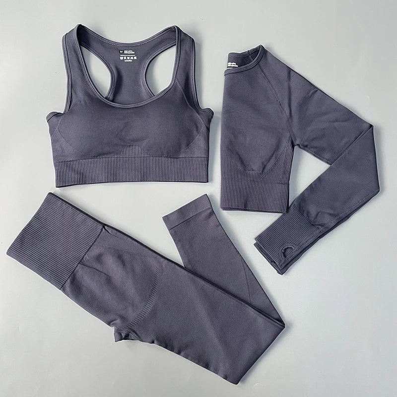 2/3/4PCS Seamless Women Yoga Set Workout Sportswear Gym Clothes Fitness Long Sleeve Crop Top High Waist Leggings Sports Suit 3Pcs Set Gray