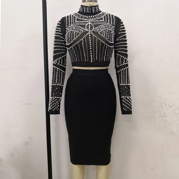 Black Pearls Beading Two Pieces Set Rayon Bandage Set Club Party Fashion Outfit Black Top and Skirt