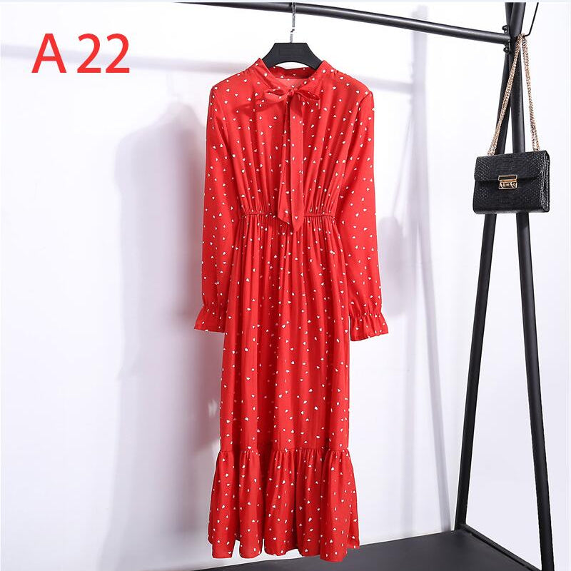 Plus Size Women's Clothing Long Sleeve Chiffon Shirt Dresses For Women Red Bow Floral Club Party Autumn Winter платье Woman