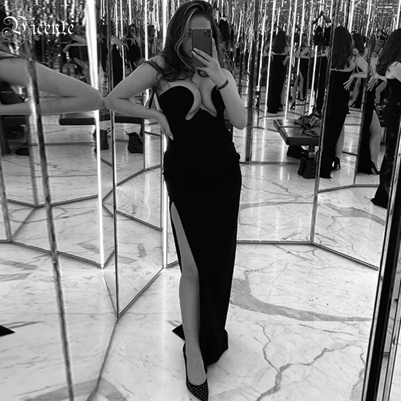 Black Long Dresses for Women Sexy Strapless Sleeveless Side Split Celebrity Party Club Bandage Maxi Gown