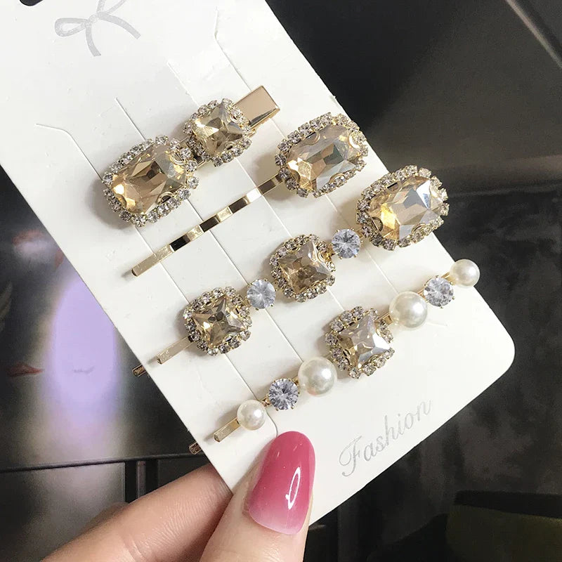 Set Women Hair Clips Jewelry Fashion Crystal Hair Accessories For Girls Luxury Pearl Geometric Barrettes Pins Christmas Gift 4pcs-champagne
