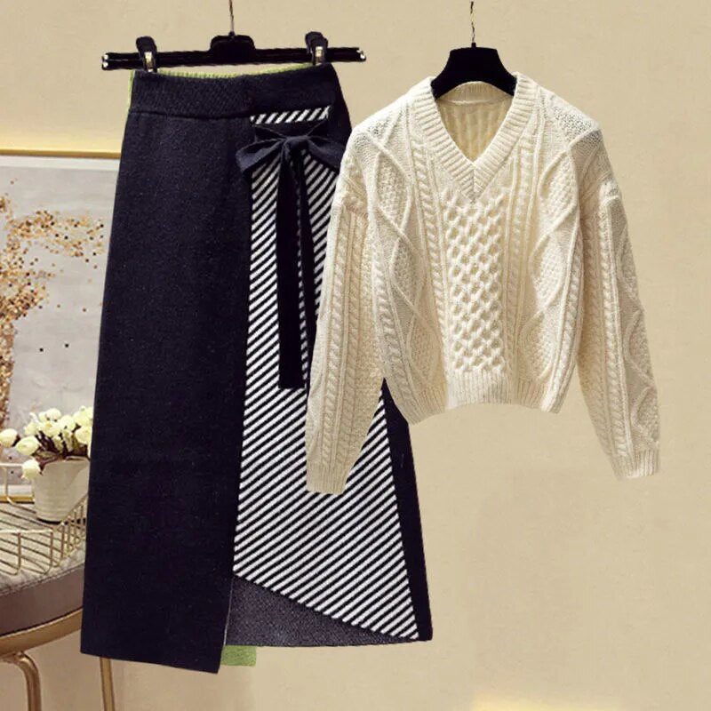 Women Autumn Winter Warm Knitted Two Pieces Sets Korean Long Sleeve Pullover Sweater Top And High Waist Skirts Sets