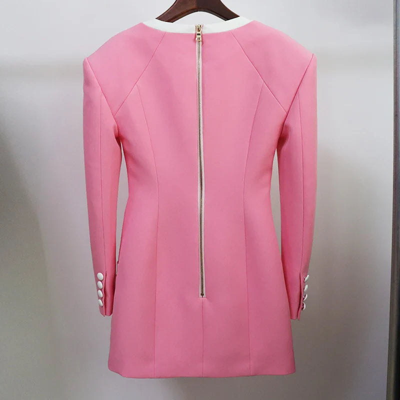 HIGH STREET Newest Designer Dress Women's Extra Shoulder Square Collar Long Sleeve Double Breasted Color Block Mini Dress