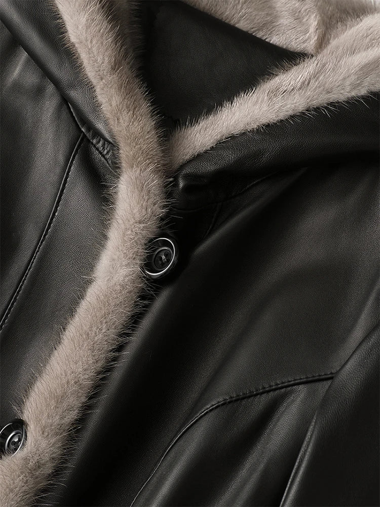 Winter Long Warm Thick Black Leather Coat Women with Fur Inside Elegant Luxury Faux Fur Lined Jacket Parka Fashion 2021