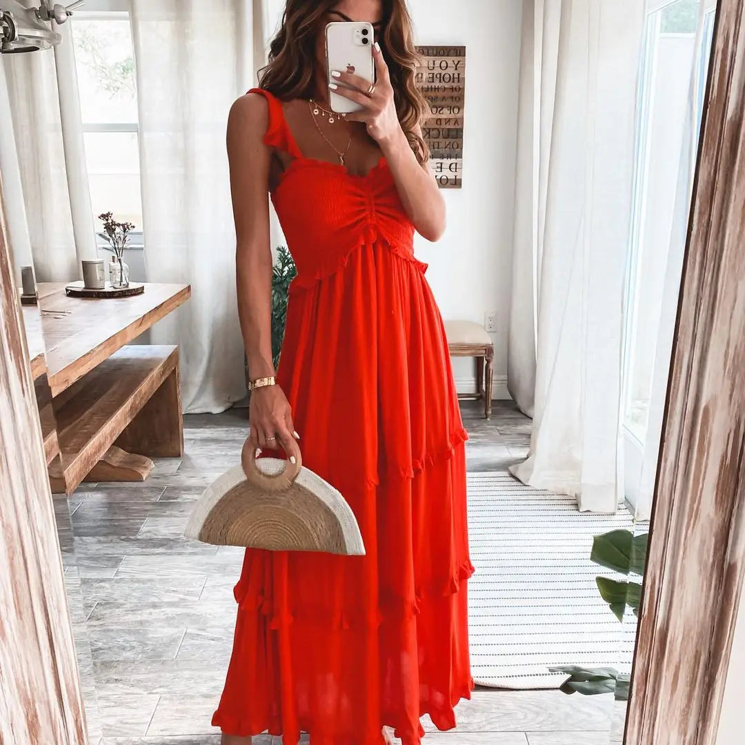 Summer Solid Tunic Women Maxi Dress V Neck Female Elegant Ruffles Party Long Dresses Beach Spaghetti Strap Casual Sundress