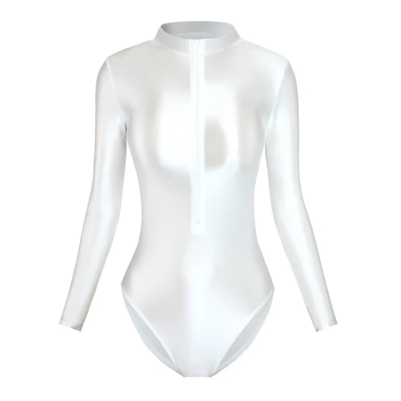 Satin Shiny Japanese Women's Sexy Body Suits Front Zipper Long Sleeve Tight Glossy Silky High Cut One Piece Swimsuit Plus Size WHITE