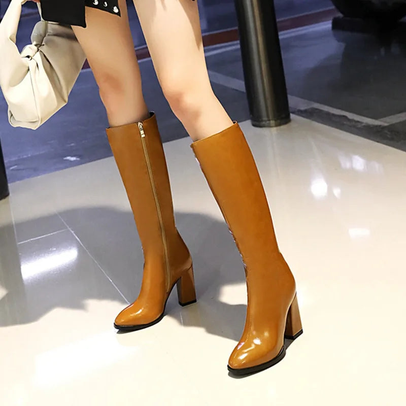 Elegant Knee High Boots Women Autumn Winter Women's High Boots Zipper Heels White Green Long Shoes Ladies Large Size 48