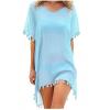 Summer Chiffon Tassels Beach Dress Swimwear Bikini Cover Up Female Mini Loose Solid Pareo Tops Swimsuit Lake Blue One Size