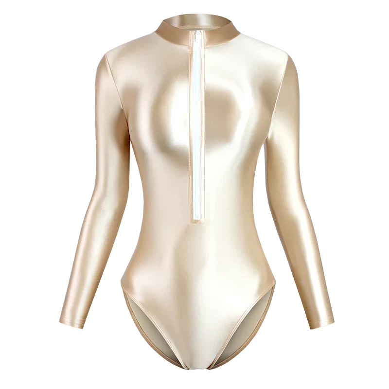 Satin Shiny Japanese Women's Sexy Body Suits Front Zipper Long Sleeve Tight Glossy Silky High Cut One Piece Swimsuit Plus Size Khaki